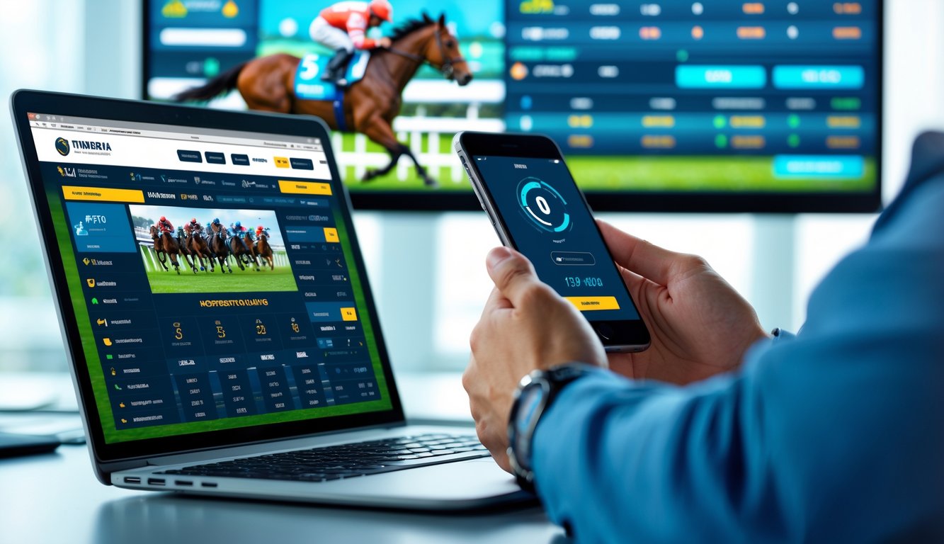 Seseorang menggunakan laptop dan ponsel di meja kerja dengan gambar balap kuda di layar, menggambarkan proses taruhan dan penarikan uang secara online yang cepat dan aman.