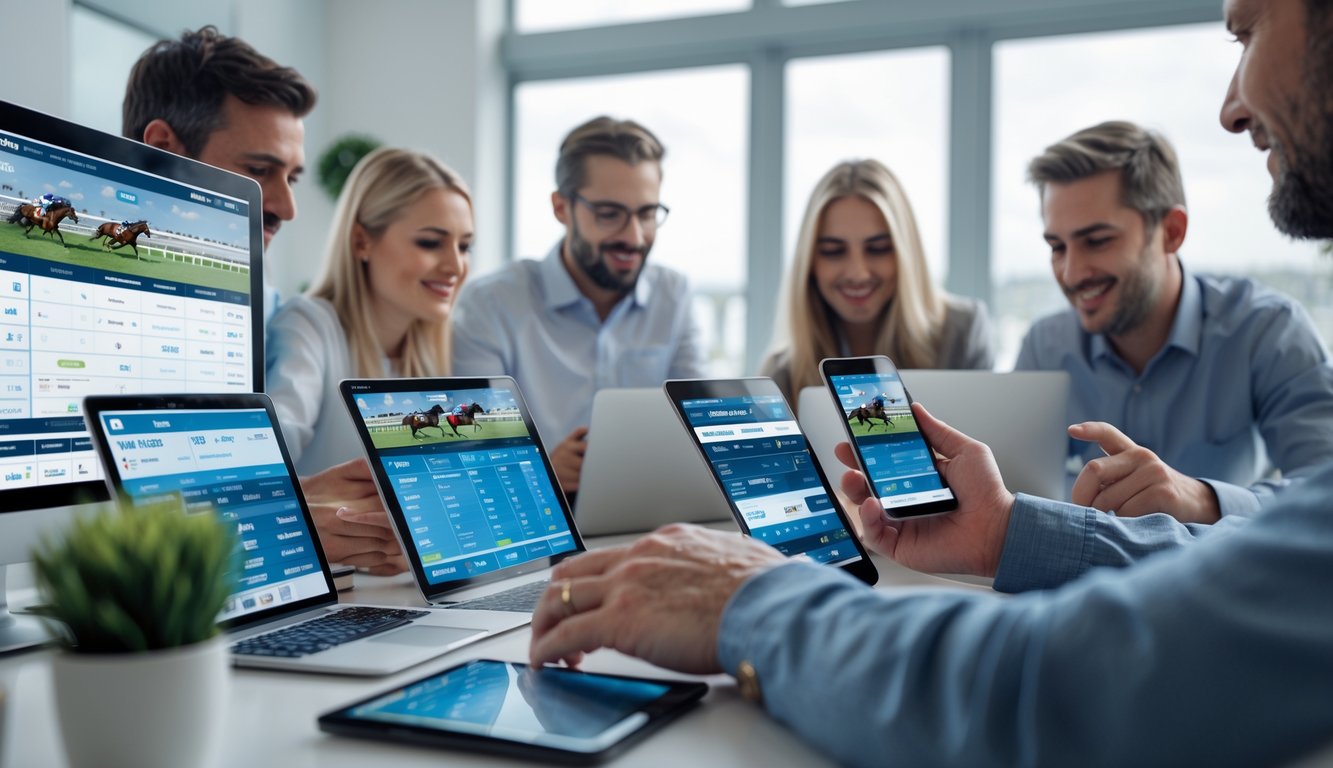 Orang-orang menggunakan perangkat digital untuk memasang taruhan balap kuda secara online dalam ruangan modern.