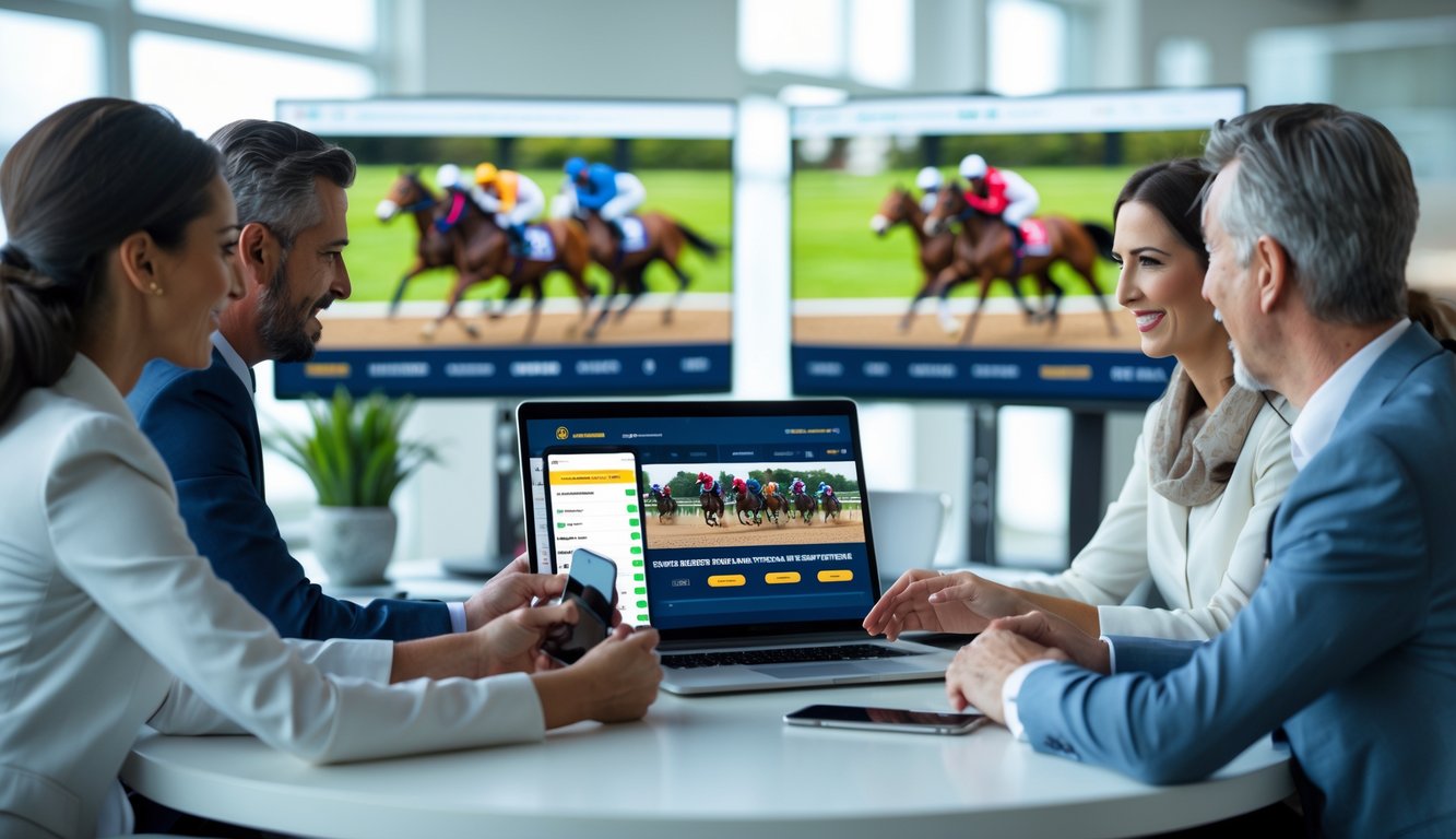 Orang-orang yang sedang menggunakan laptop dan ponsel untuk bertaruh pada balap kuda secara online di sebuah kantor modern.