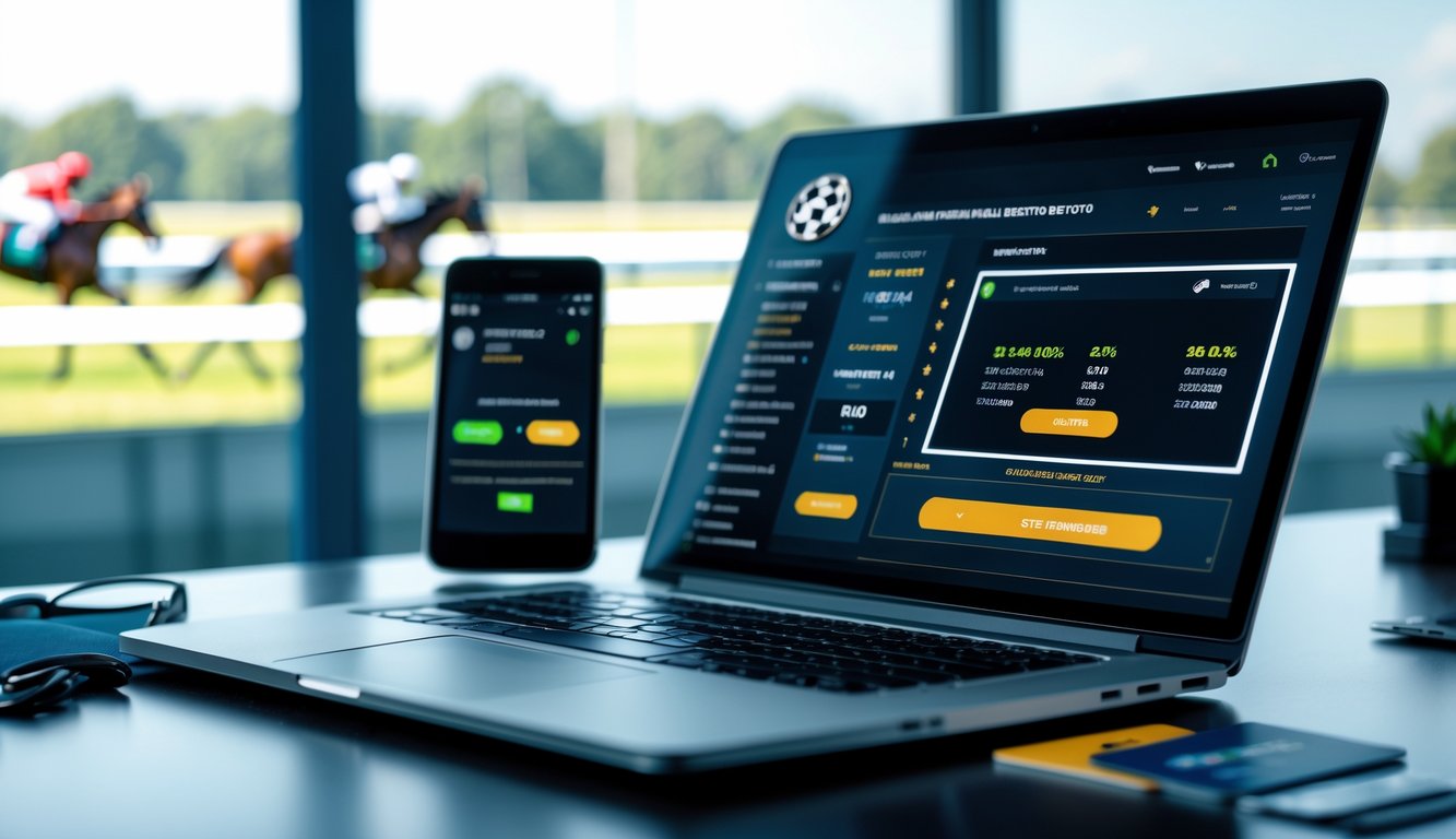 Sebuah laptop di meja kerja menampilkan situs taruhan balap kuda online dengan latar belakang trek balap kuda dan beberapa alat pembayaran di sekitar.