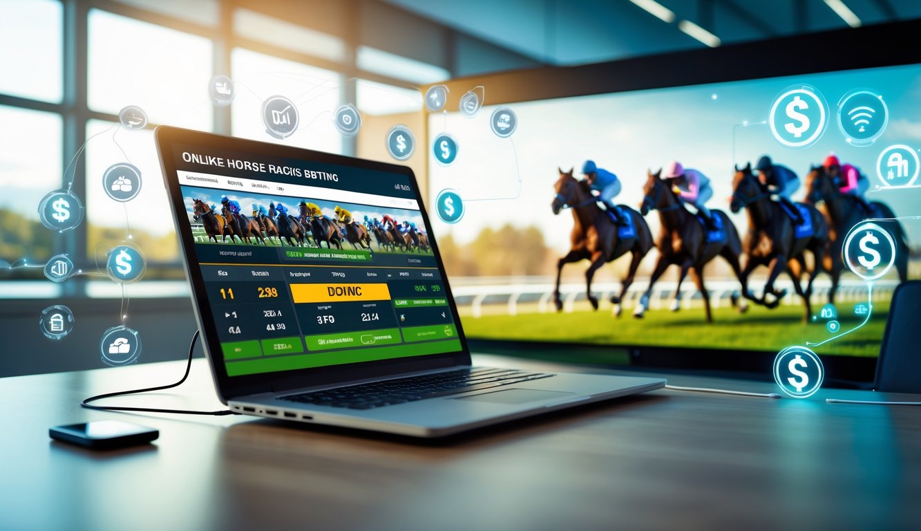 Seorang pengguna di depan laptop dengan layar menampilkan taruhan balap kuda online, di latar belakang terlihat kuda balap sedang berlari di arena balap.