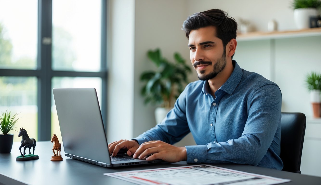 Seorang pria muda duduk di meja dengan laptop, di meja terdapat figur kuda dan formulir balap, suasana terang dan nyaman.