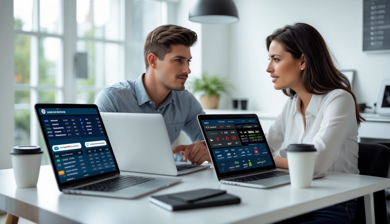 Dua orang muda sedang duduk bersama di meja dengan perangkat digital yang menampilkan data balap kuda, terlihat fokus dan berdiskusi dalam ruangan terang.