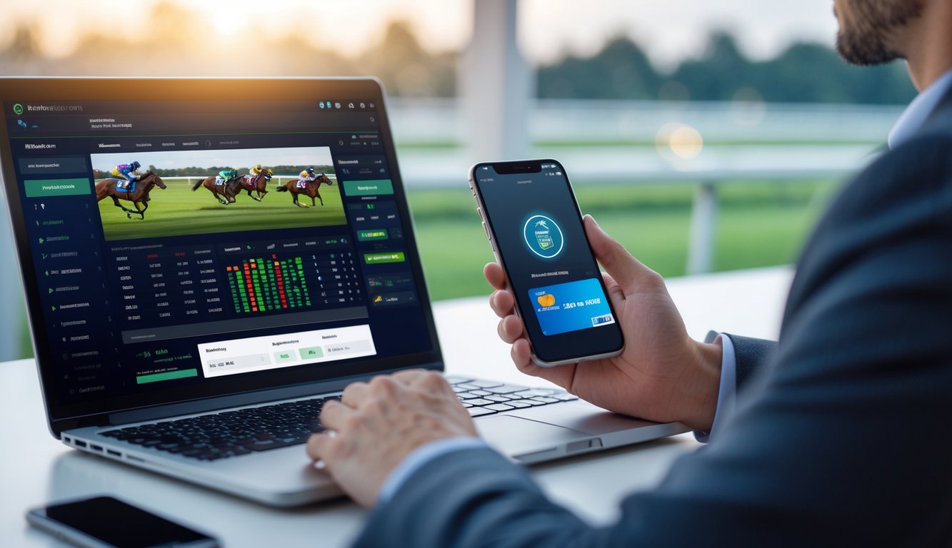 Seseorang menggunakan laptop dan ponsel di meja kerja dengan latar belakang lintasan pacuan kuda yang samar.