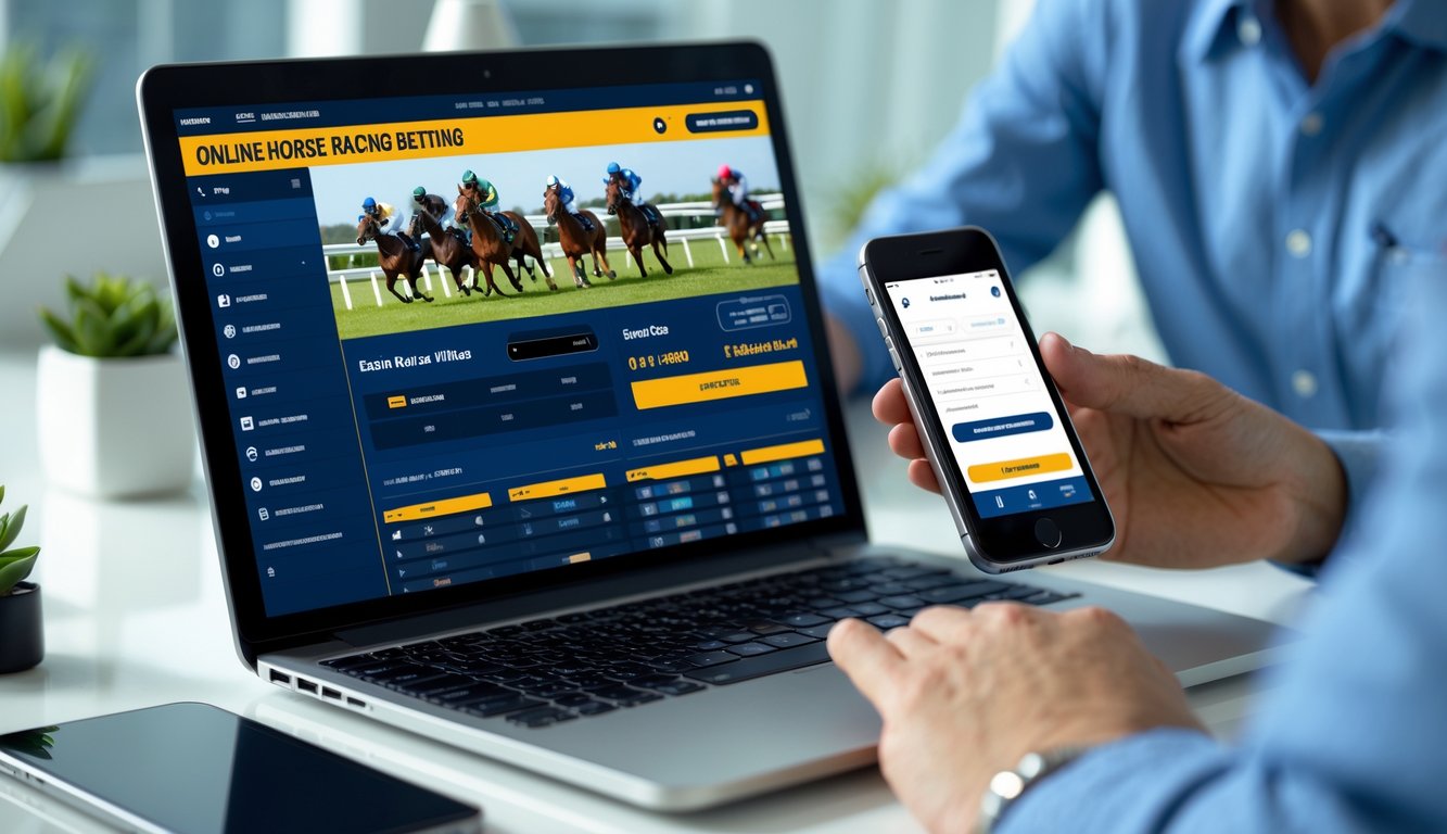 Orang menggunakan laptop dan ponsel untuk memasang taruhan balap kuda online dengan sistem pembayaran otomatis 24 jam.