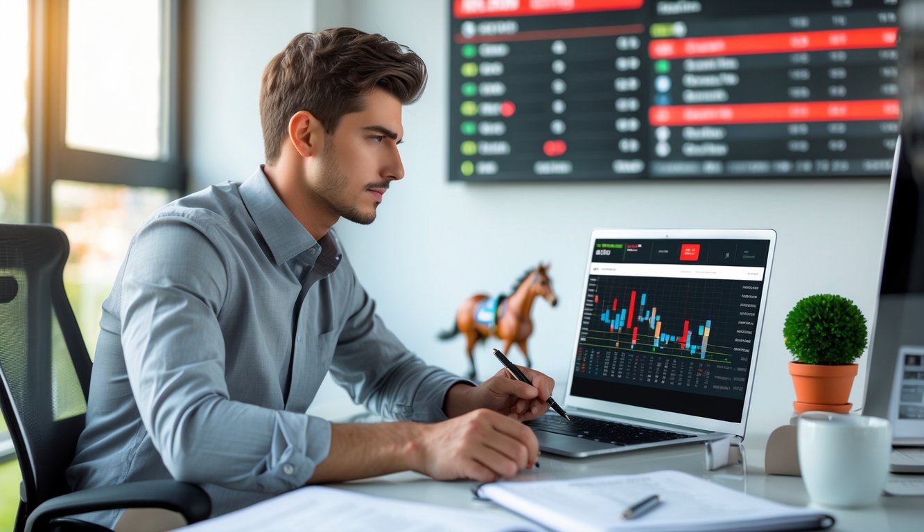 Seorang pria muda duduk di meja dengan laptop, menganalisis data balap kuda secara online di ruang kantor yang terang.