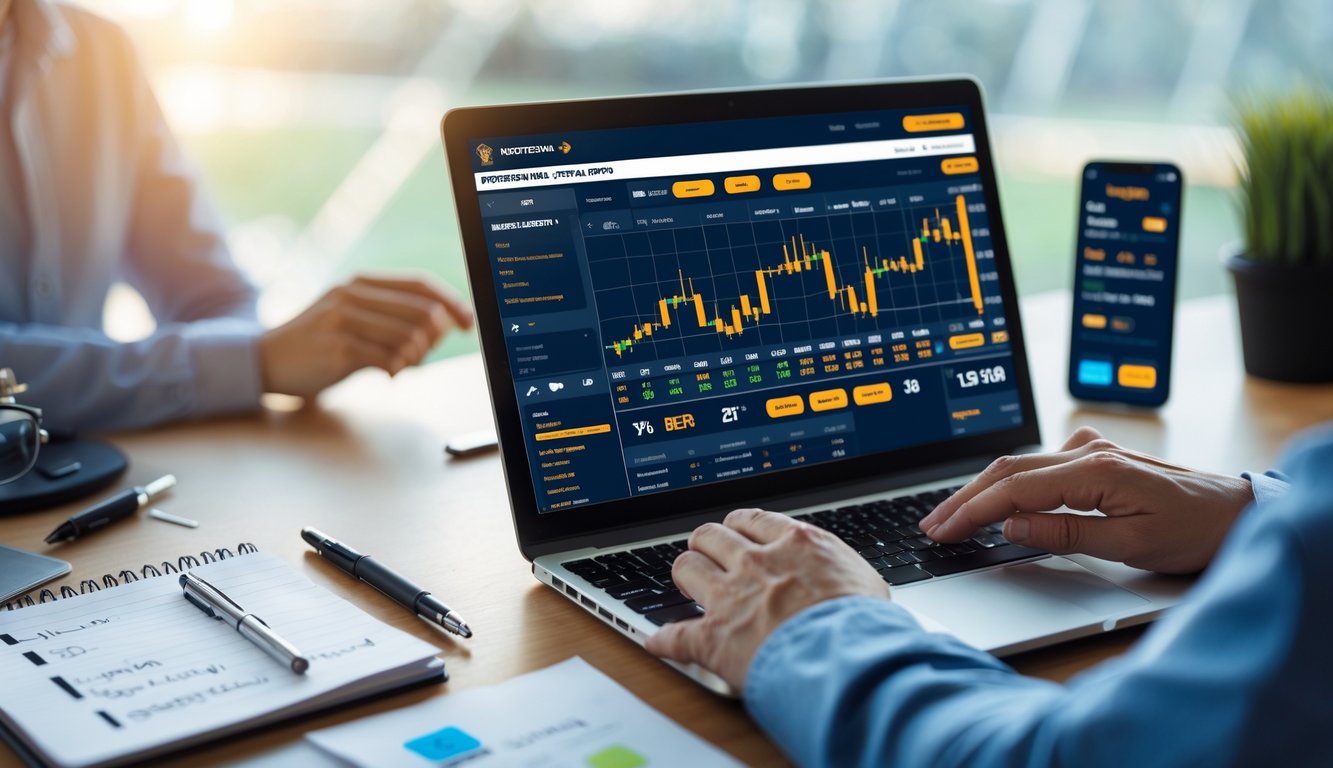 Seseorang menggunakan laptop untuk memasang taruhan balap kuda online dengan catatan dan ponsel di meja.