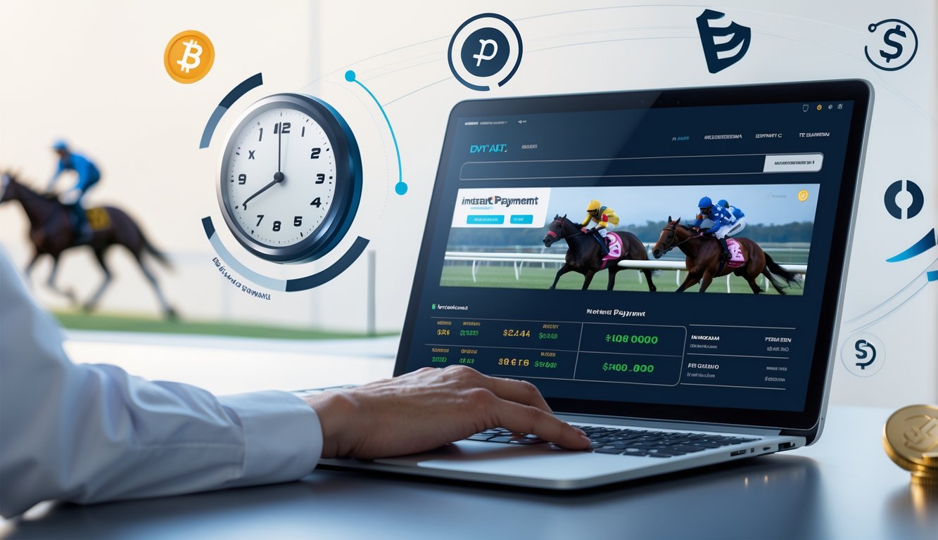 Seseorang menggunakan perangkat digital untuk memasang taruhan balap kuda online dengan tampilan pembayaran instan di layar.