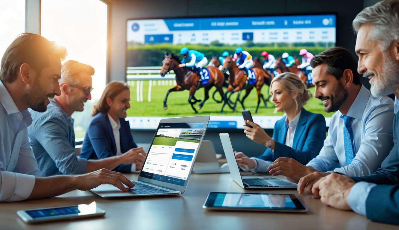Orang-orang menggunakan perangkat digital untuk memasang taruhan balap kuda secara online dengan layar besar menampilkan balapan kuda secara langsung.