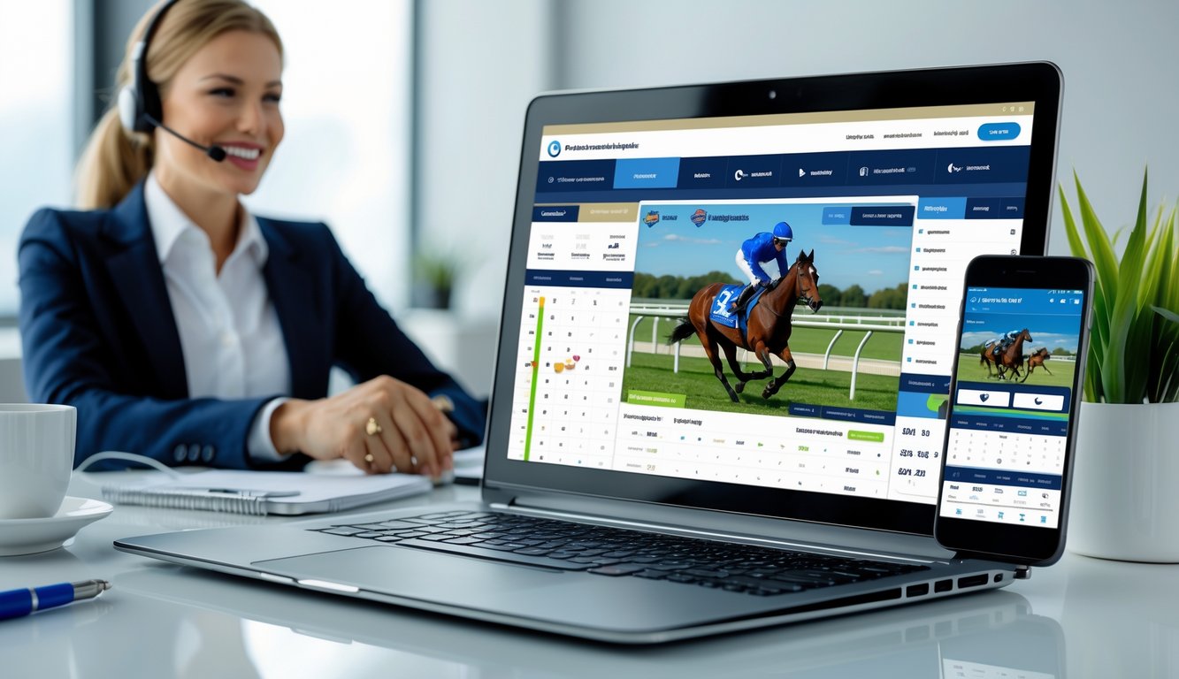 Seorang perwakilan layanan pelanggan dengan headset sedang berbicara, di depan meja dengan laptop dan ponsel yang menampilkan aplikasi taruhan balap kuda online.