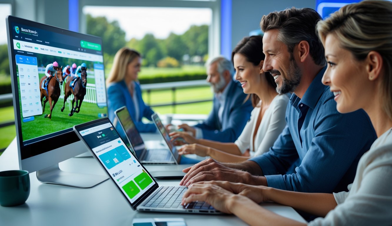 Orang-orang menggunakan perangkat digital untuk memasang taruhan balap kuda secara online dengan tayangan langsung balapan di layar komputer.