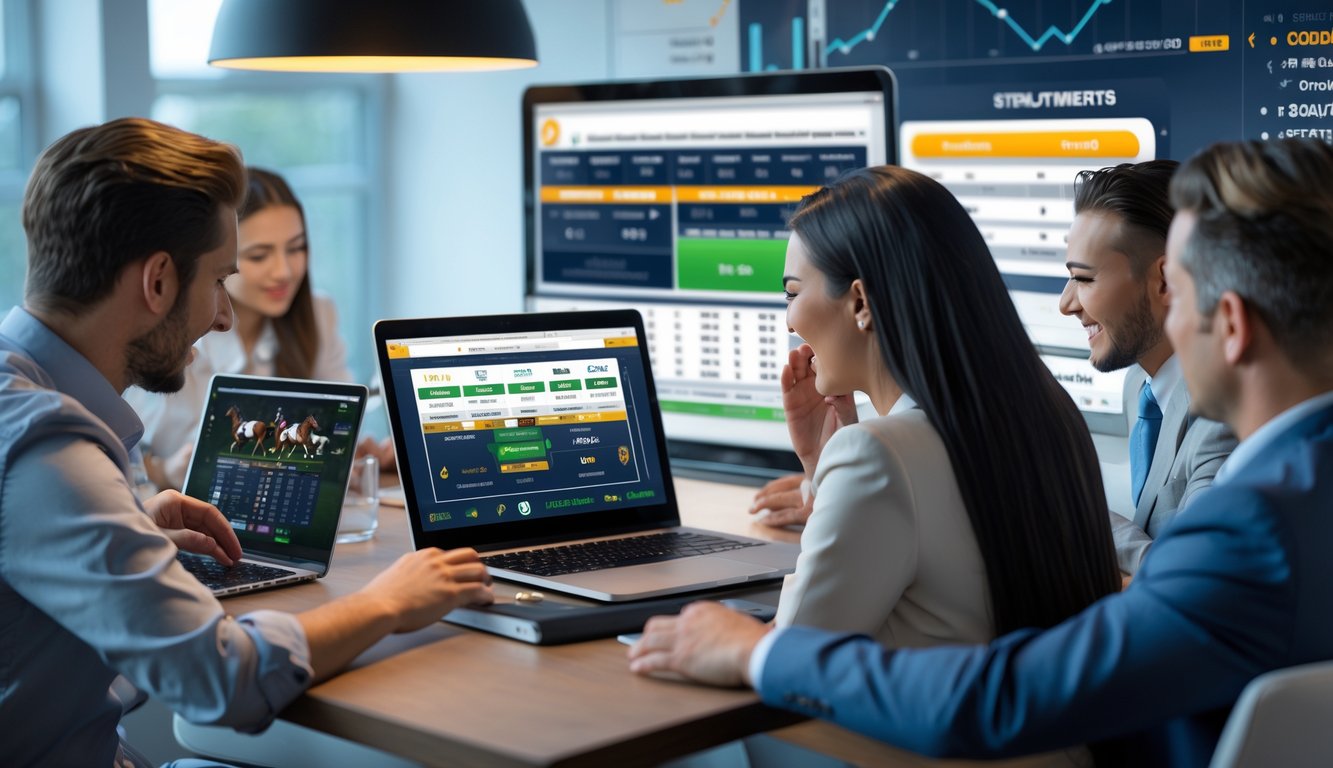 Beberapa orang menggunakan perangkat digital untuk memasang taruhan balap kuda secara online dalam suasana ruangan yang modern dan terpercaya.