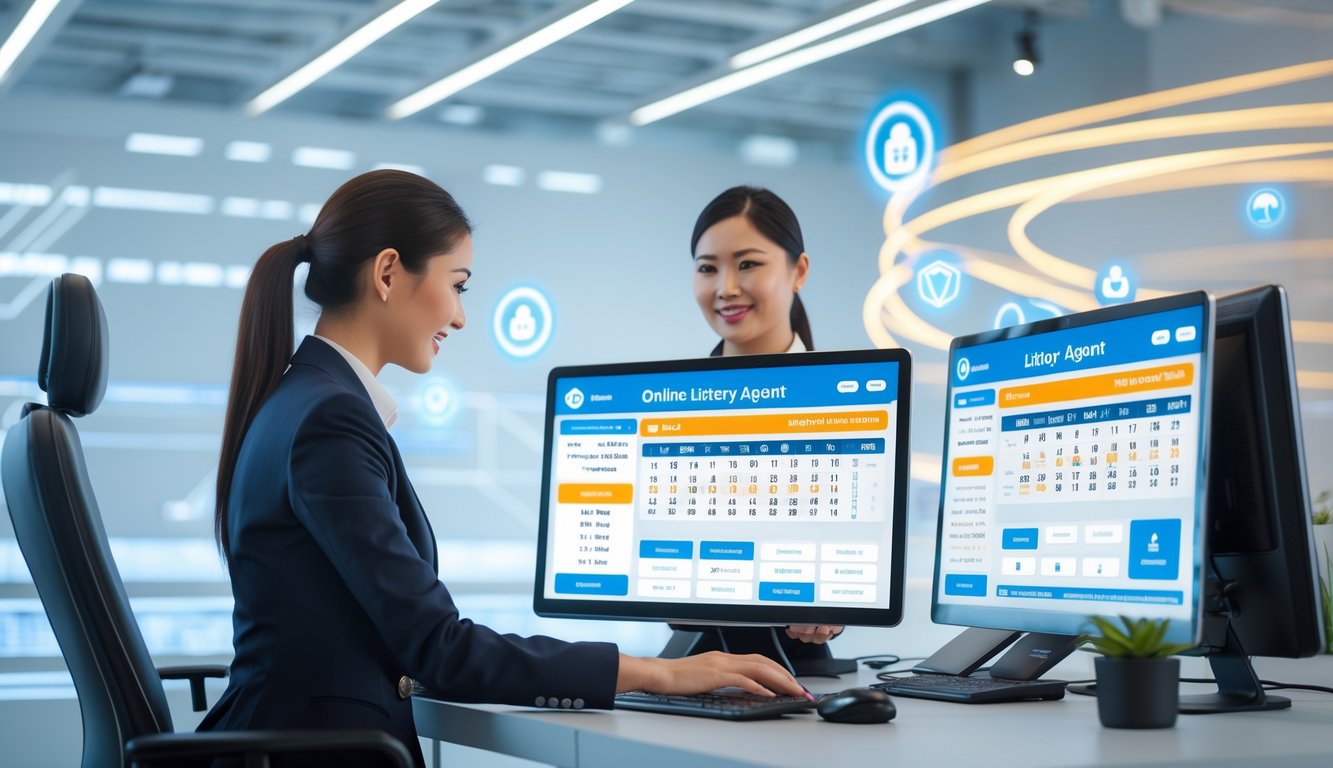 Seorang agen layanan pelanggan sedang membantu klien dengan komputer di kantor modern yang terang dan rapi, menunjukkan proses transaksi cepat dan aman untuk permainan togel online 4D.