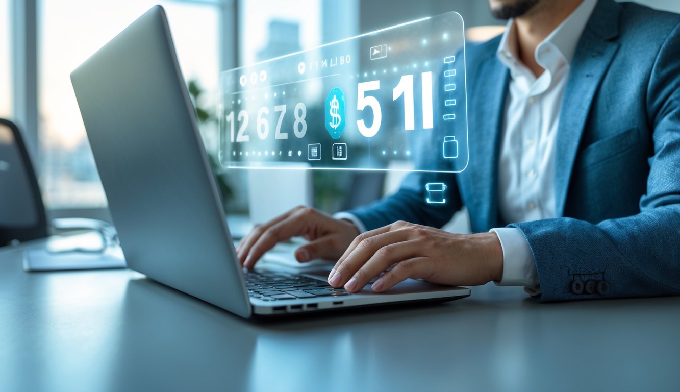 Seorang profesional menggunakan laptop di kantor modern dengan latar belakang terang dan elemen digital yang melambangkan transaksi online yang aman dan terpercaya.