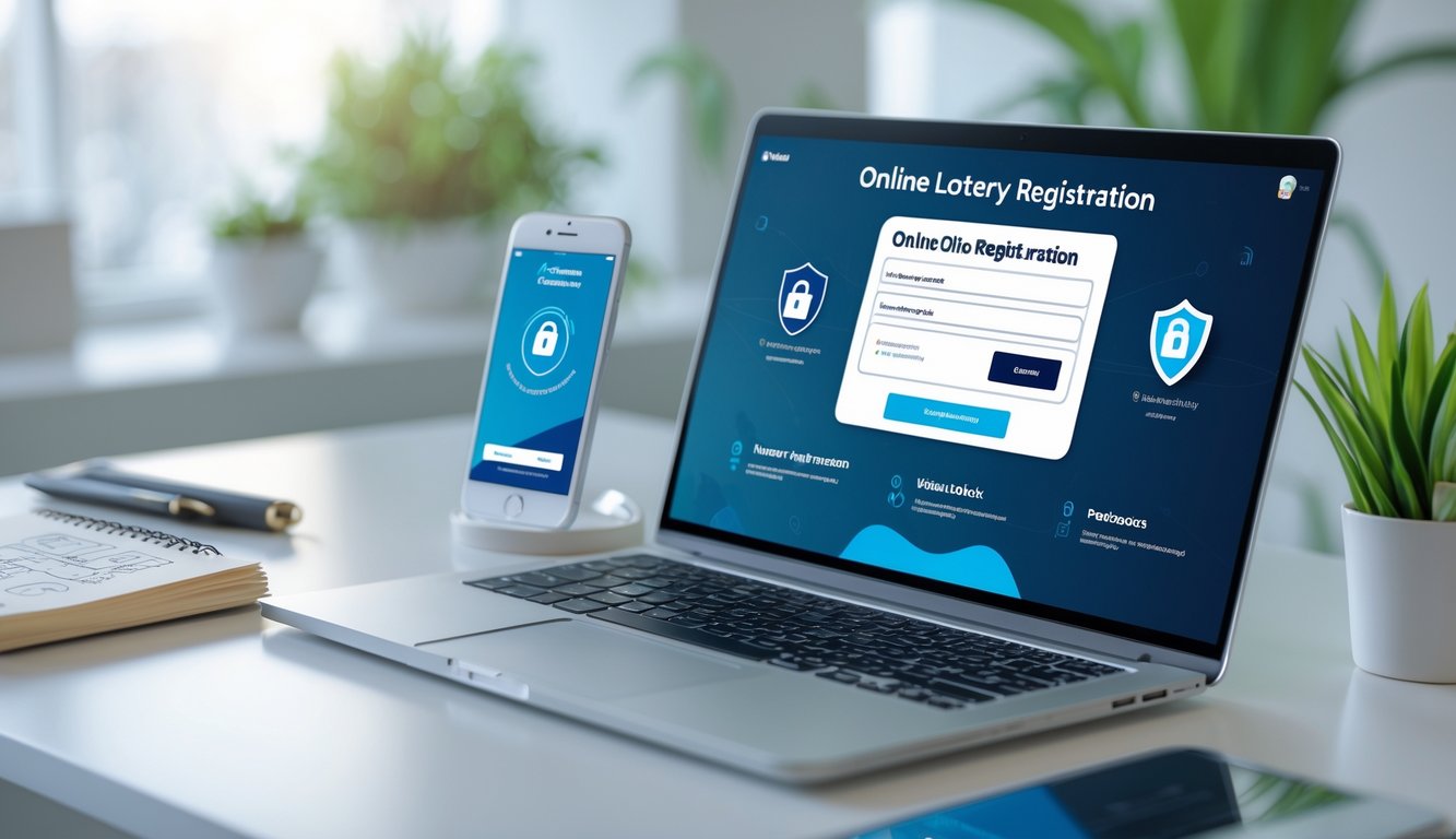 Meja kerja dengan laptop dan ponsel yang menunjukkan proses pendaftaran dan pembayaran online untuk agen togel 4D.