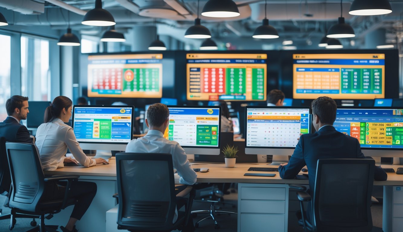 Sekelompok profesional bekerja di kantor modern dengan komputer yang menampilkan antarmuka lotere online dan grafik, menggambarkan aktivitas taruhan togel online.