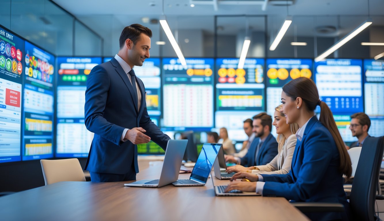 Seorang agen layanan pelanggan profesional sedang membantu beberapa klien menggunakan laptop dan ponsel di kantor modern dengan layar digital menampilkan berbagai pasar togel online.