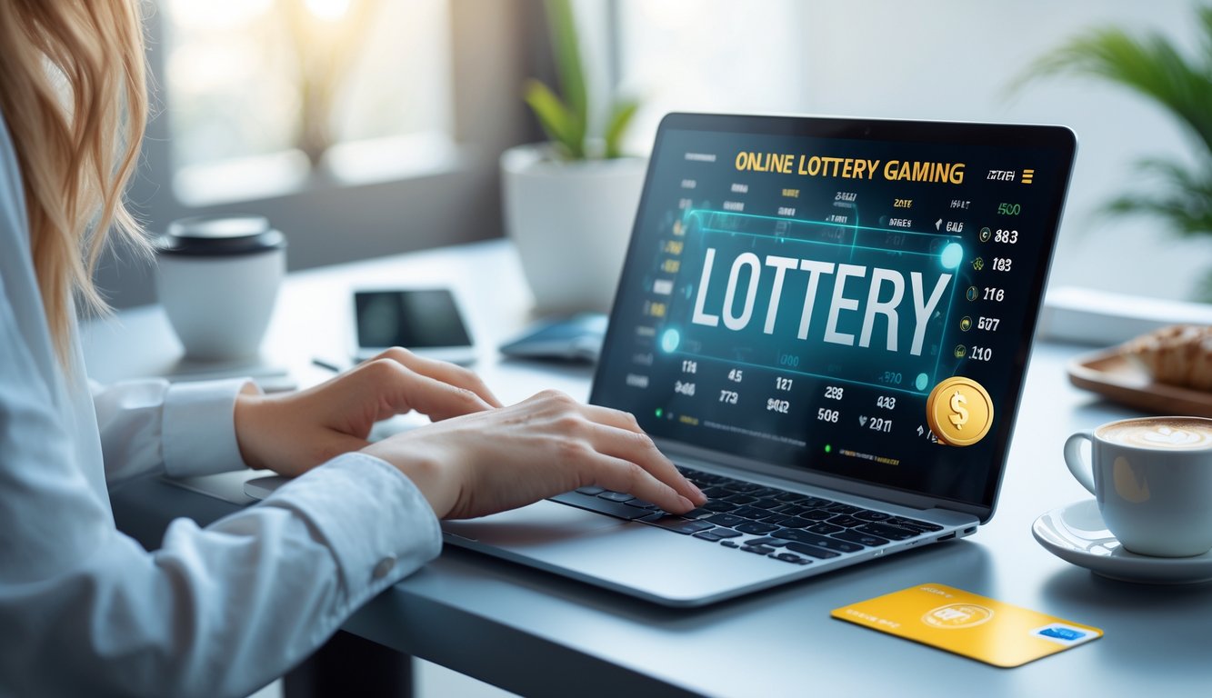 Seseorang menggunakan laptop di meja kerja dengan ponsel dan kartu kredit di samping, menampilkan aktivitas bermain togel online dengan suasana yang rapi dan terang.