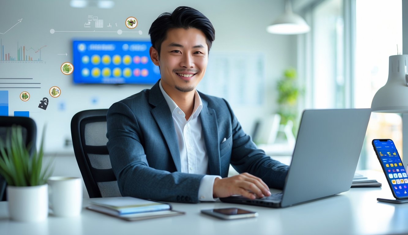 Seorang pria muda duduk di meja kantor modern menggunakan laptop dengan latar belakang elemen digital yang menunjukkan transaksi online.