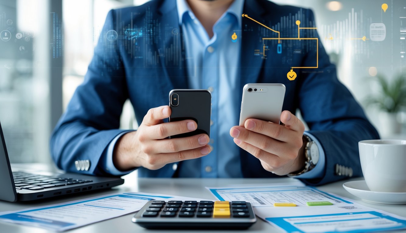 Seorang profesional menggunakan laptop dan ponsel di kantor modern dengan dokumen keuangan di meja.