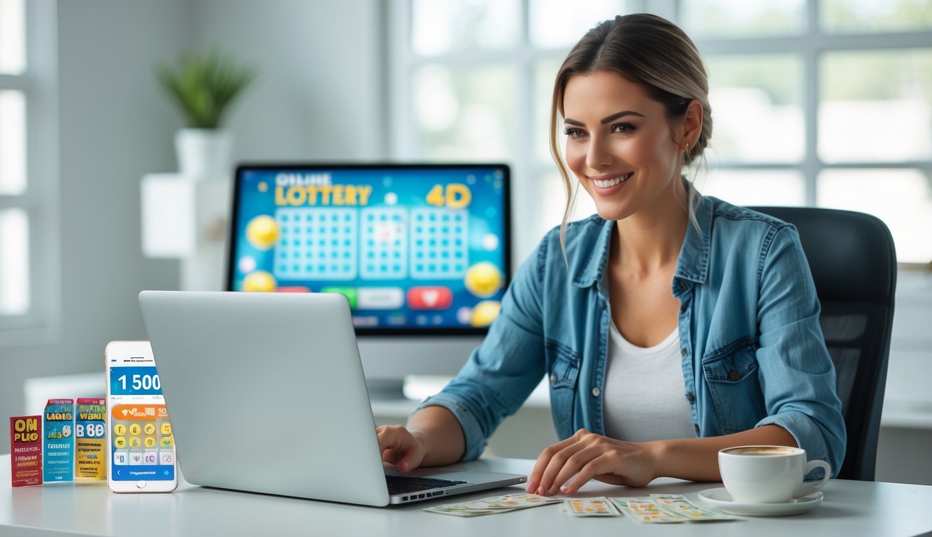 Seorang wanita muda duduk di meja kerja dengan laptop dan smartphone, terlihat fokus dan tersenyum, suasana ruang kerja yang terang dan rapi.