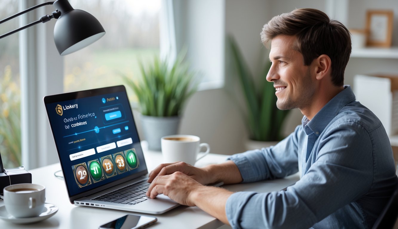 Seorang pria muda duduk di meja kerja dengan laptop di ruang kerja rumah yang terang dan rapi.