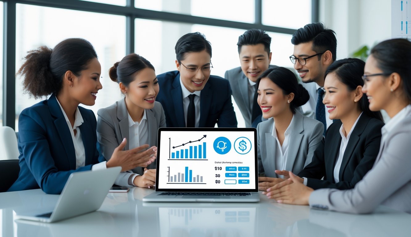 Sekelompok profesional bisnis sedang berdiskusi di kantor modern dengan laptop yang menampilkan grafik transaksi online.