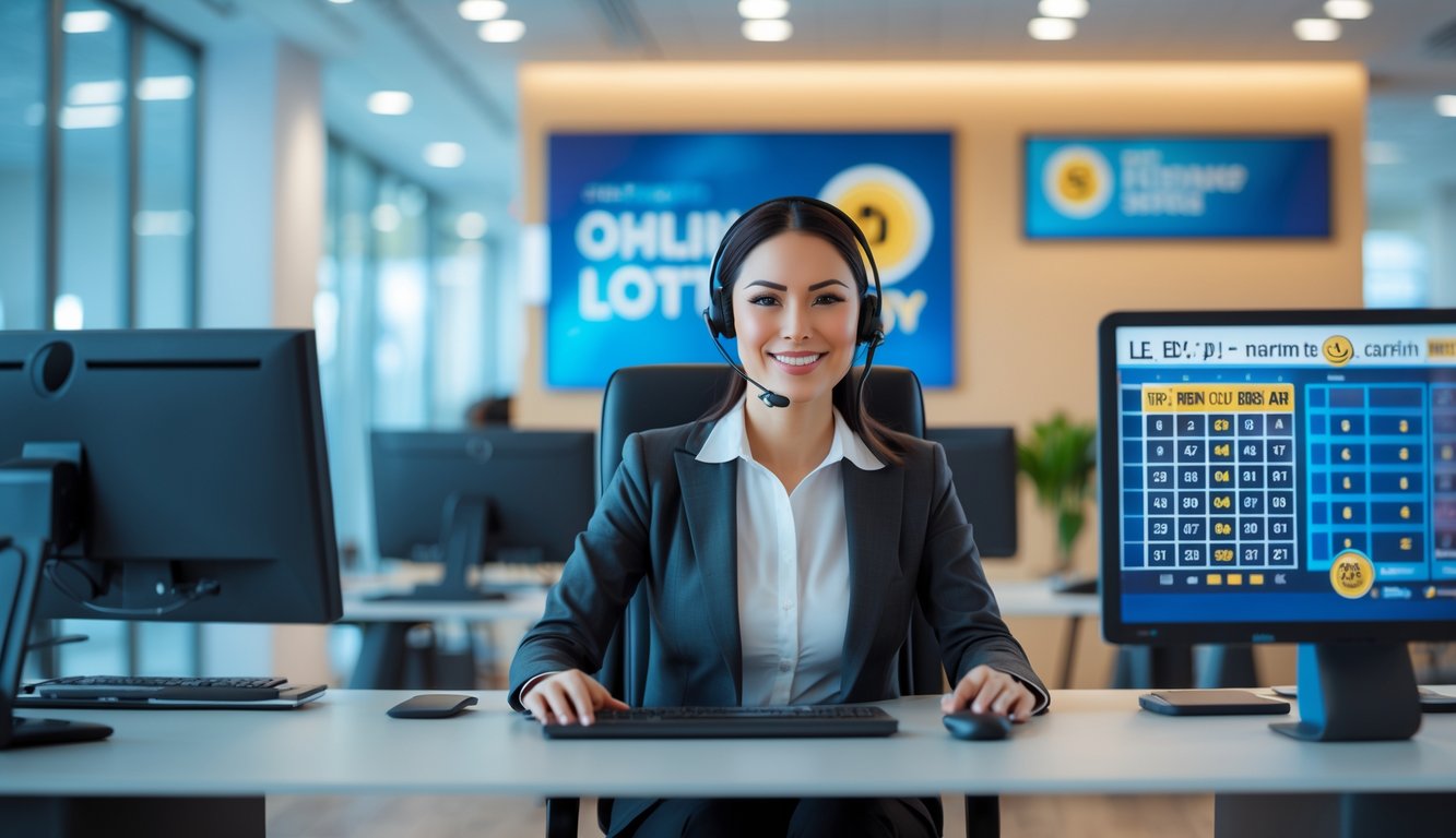 Seorang petugas layanan pelanggan sedang duduk di meja dengan komputer, di kantor modern yang terang dan bersih.