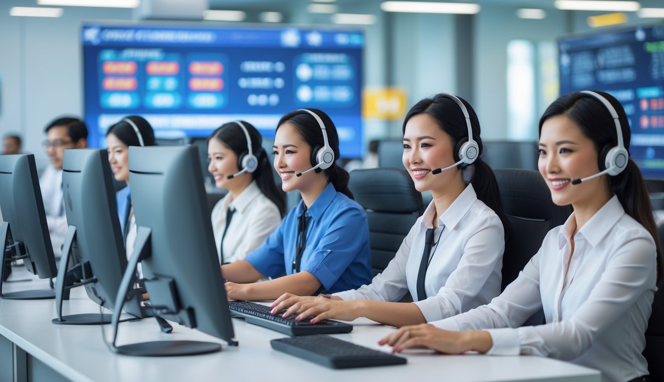 Pusat layanan pelanggan dengan staf yang ramah menggunakan headset di kantor modern dengan komputer dan layar menampilkan data transaksi online.