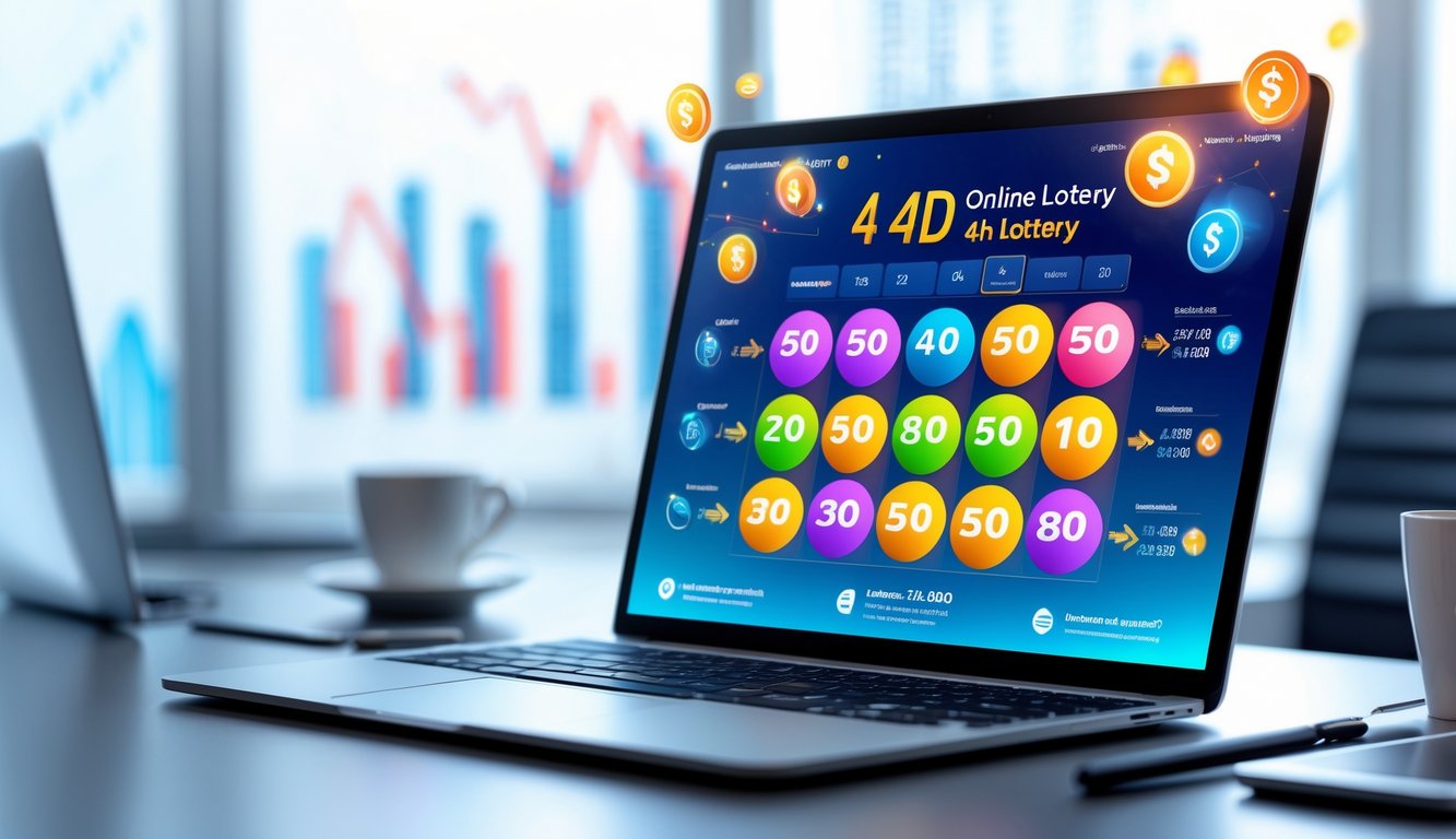 Seorang pengguna sedang menggunakan laptop dengan tampilan situs togel online yang menampilkan angka dan ikon pembayaran digital di meja kerja.