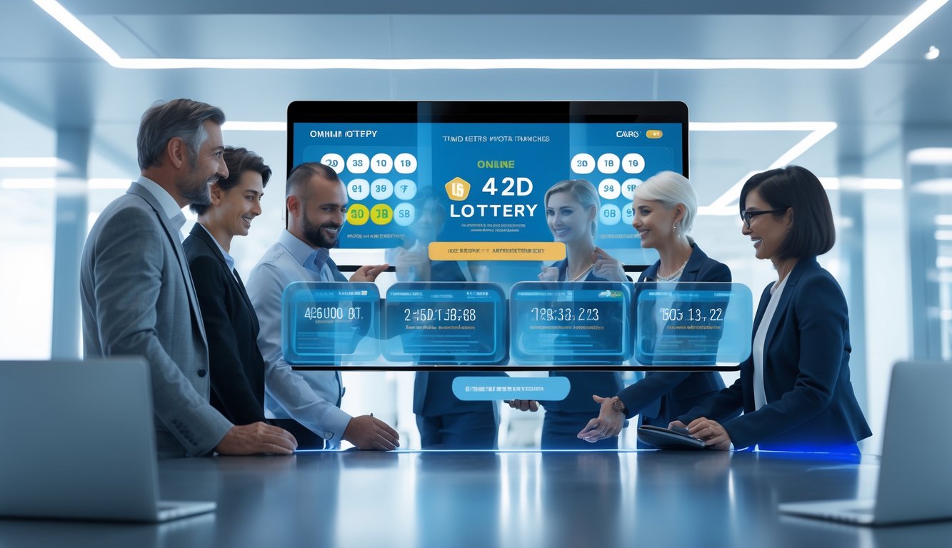 Sekelompok orang menggunakan perangkat digital untuk melakukan transaksi online terkait permainan togel 4D di lingkungan kantor modern.