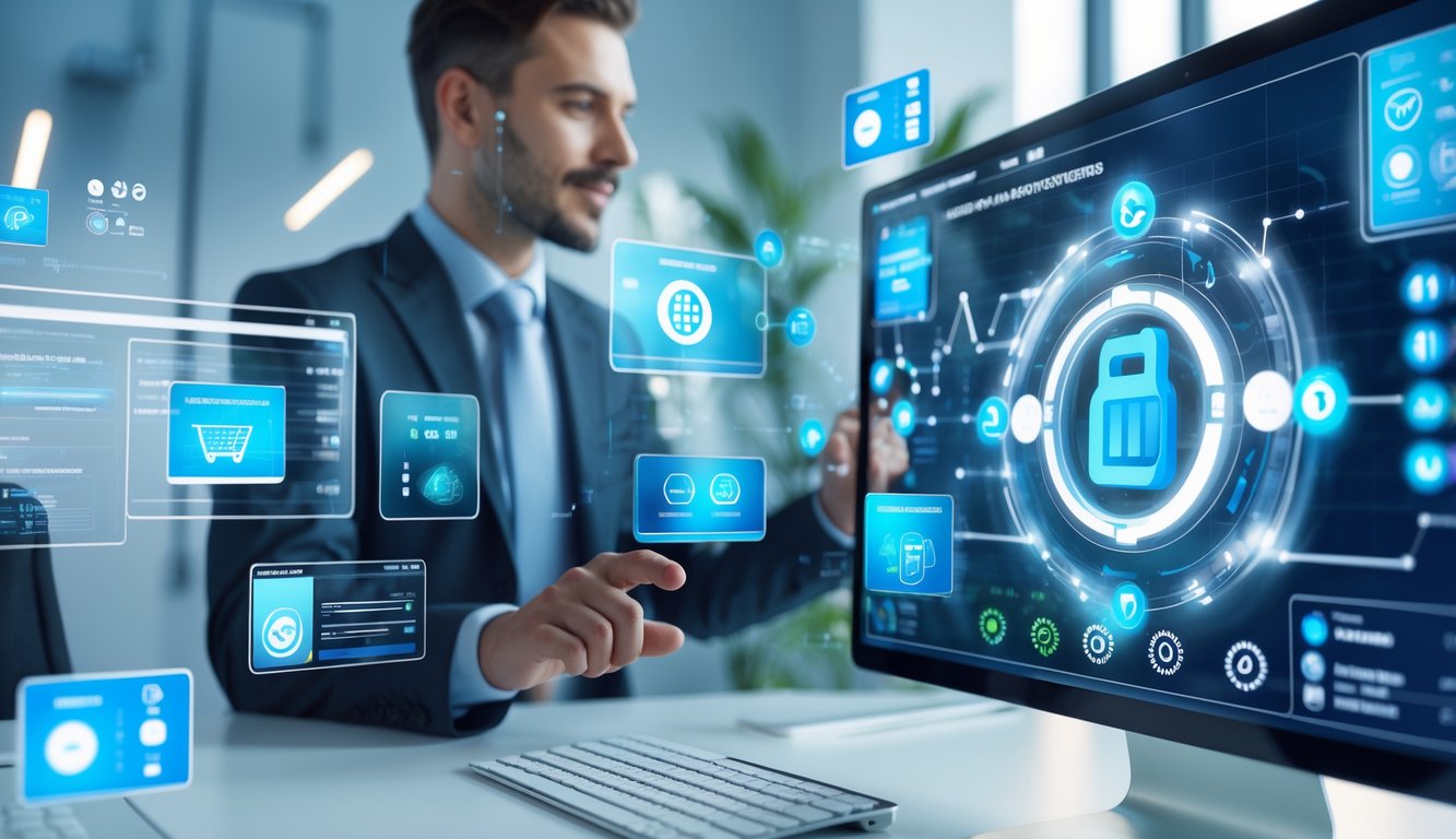 Seorang profesional menggunakan antarmuka digital transparan dengan ikon pembayaran dan angka lotere di latar kantor modern.