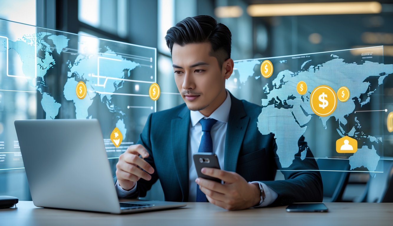 Seorang pria percaya diri menggunakan laptop dan ponsel di kantor modern dengan layar digital di sekitarnya.