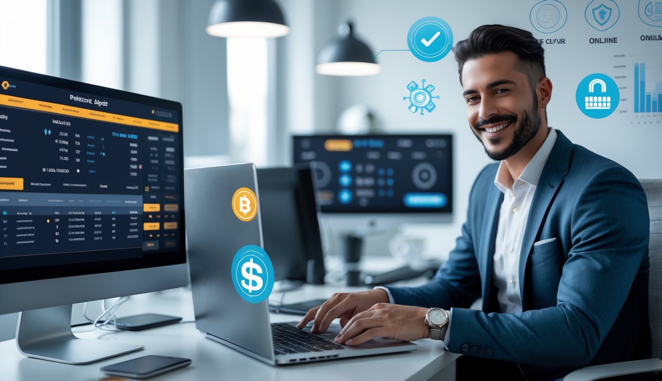 Seorang agen bandar bola online sedang bekerja di kantor modern dengan beberapa monitor komputer yang menampilkan data taruhan dan proses pembayaran.