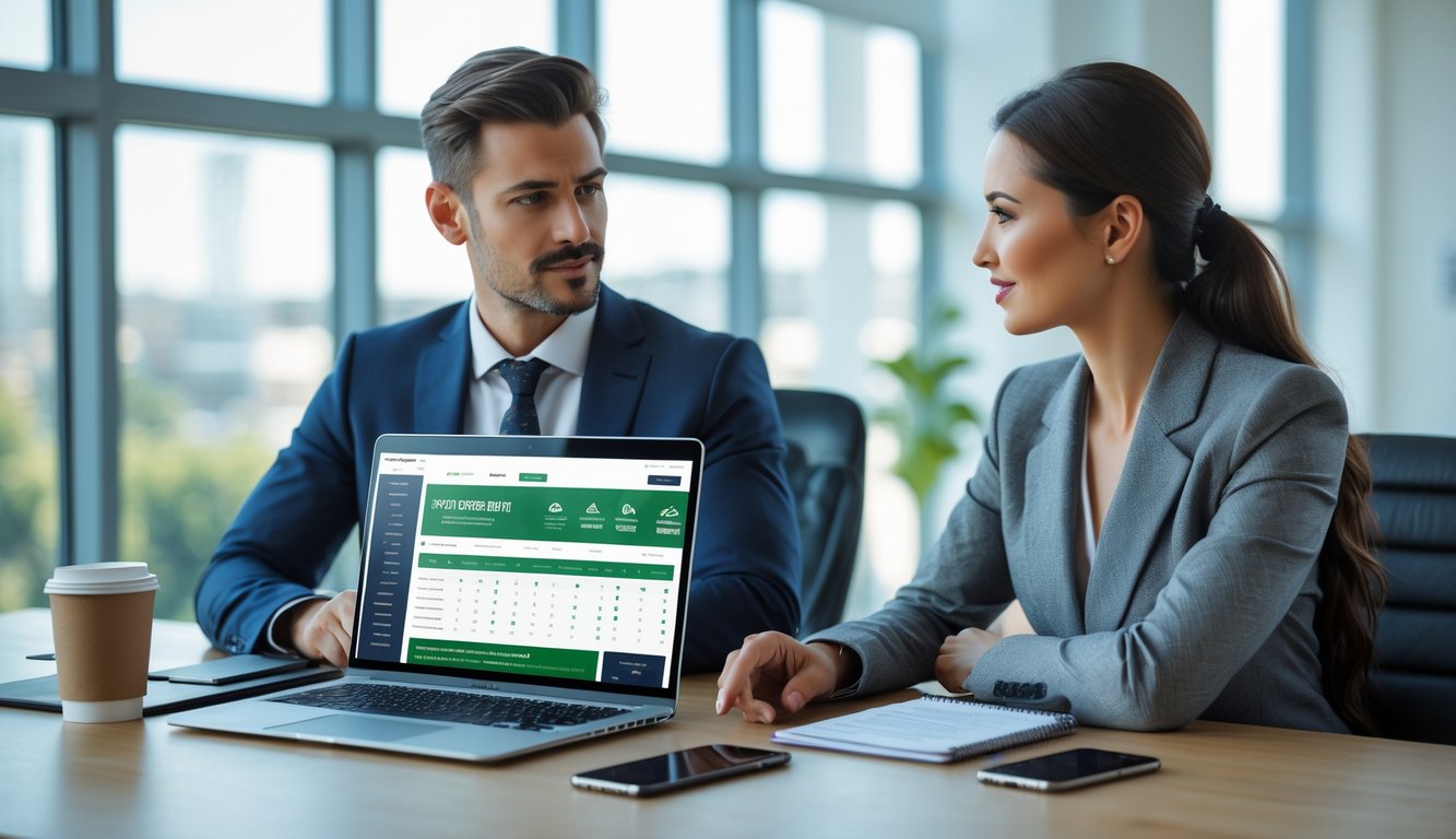 Dua orang profesional duduk di meja kantor modern sambil berdiskusi menggunakan laptop tentang taruhan olahraga online.