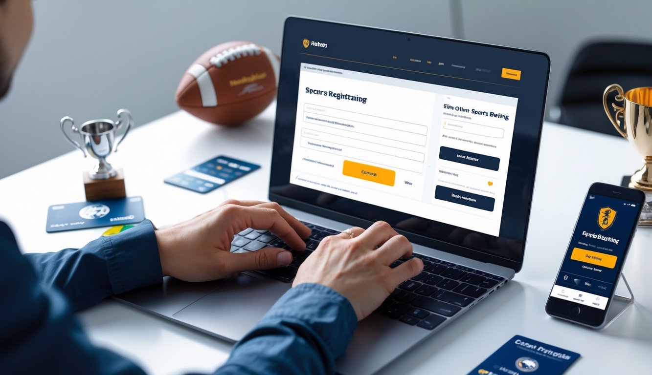 Seseorang sedang menggunakan laptop untuk mendaftar di agen bandar bola online dengan kartu kredit dan ponsel di meja.