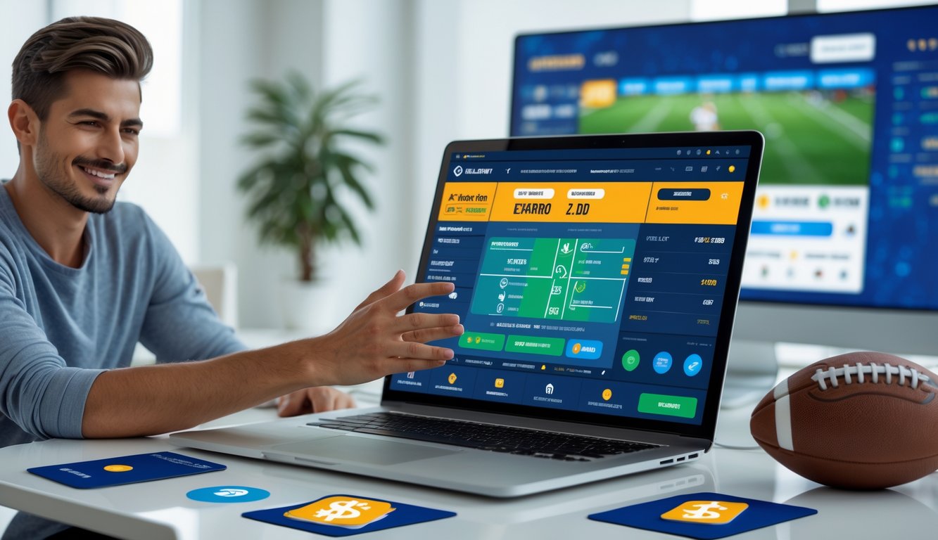 Seseorang menggunakan laptop di meja dengan tampilan situs taruhan bola online, di sekitar terdapat ponsel dan kartu pembayaran, serta bola sepak di meja.