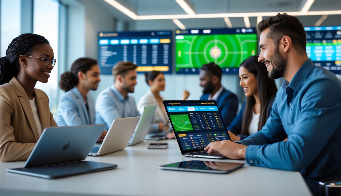 Sekelompok orang bekerja bersama di kantor modern menggunakan perangkat digital untuk taruhan olahraga online.