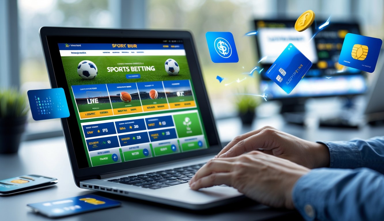 Seorang pengguna sedang melakukan taruhan bola online di depan komputer dengan latar belakang stadion sepak bola.