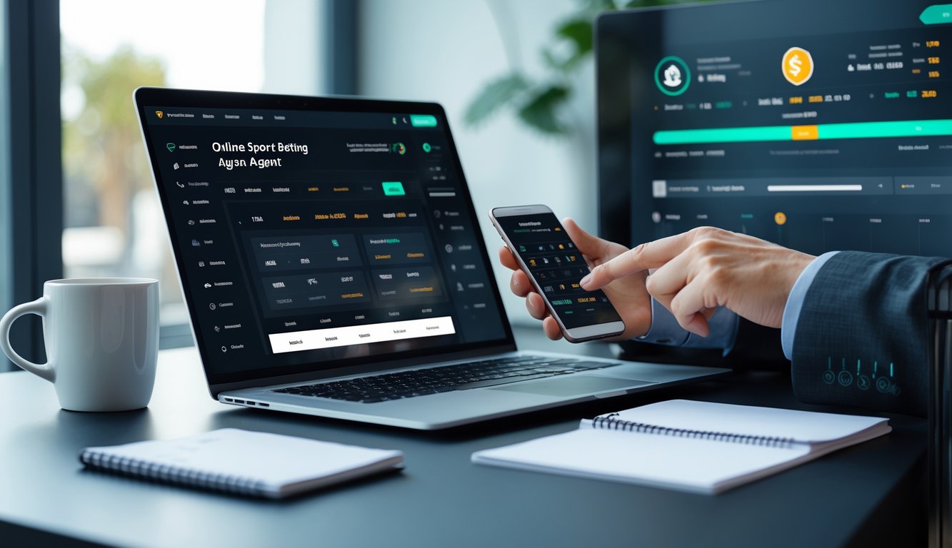 Seseorang menggunakan laptop dan ponsel di meja kerja modern untuk taruhan olahraga online dengan suasana yang profesional dan rapi.