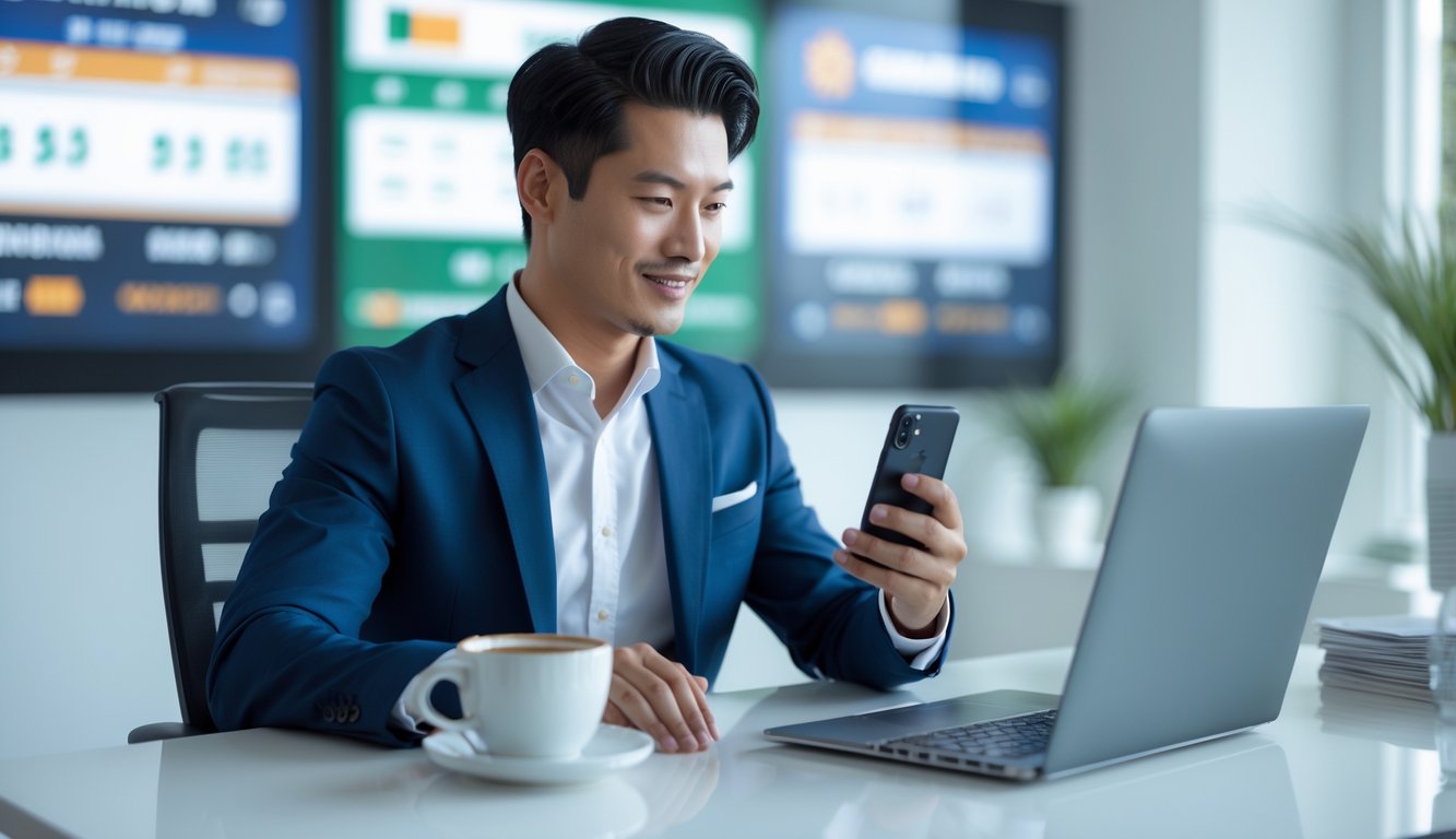 Seorang pria Asia Tenggara duduk di meja kantor modern sambil menggunakan laptop dan memegang ponsel, terlihat sedang memeriksa transaksi online.