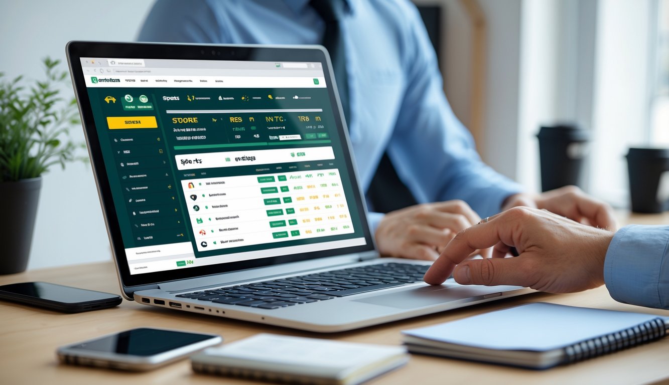 Seseorang menggunakan laptop di meja kerja dengan tampilan antarmuka taruhan olahraga online di layar.