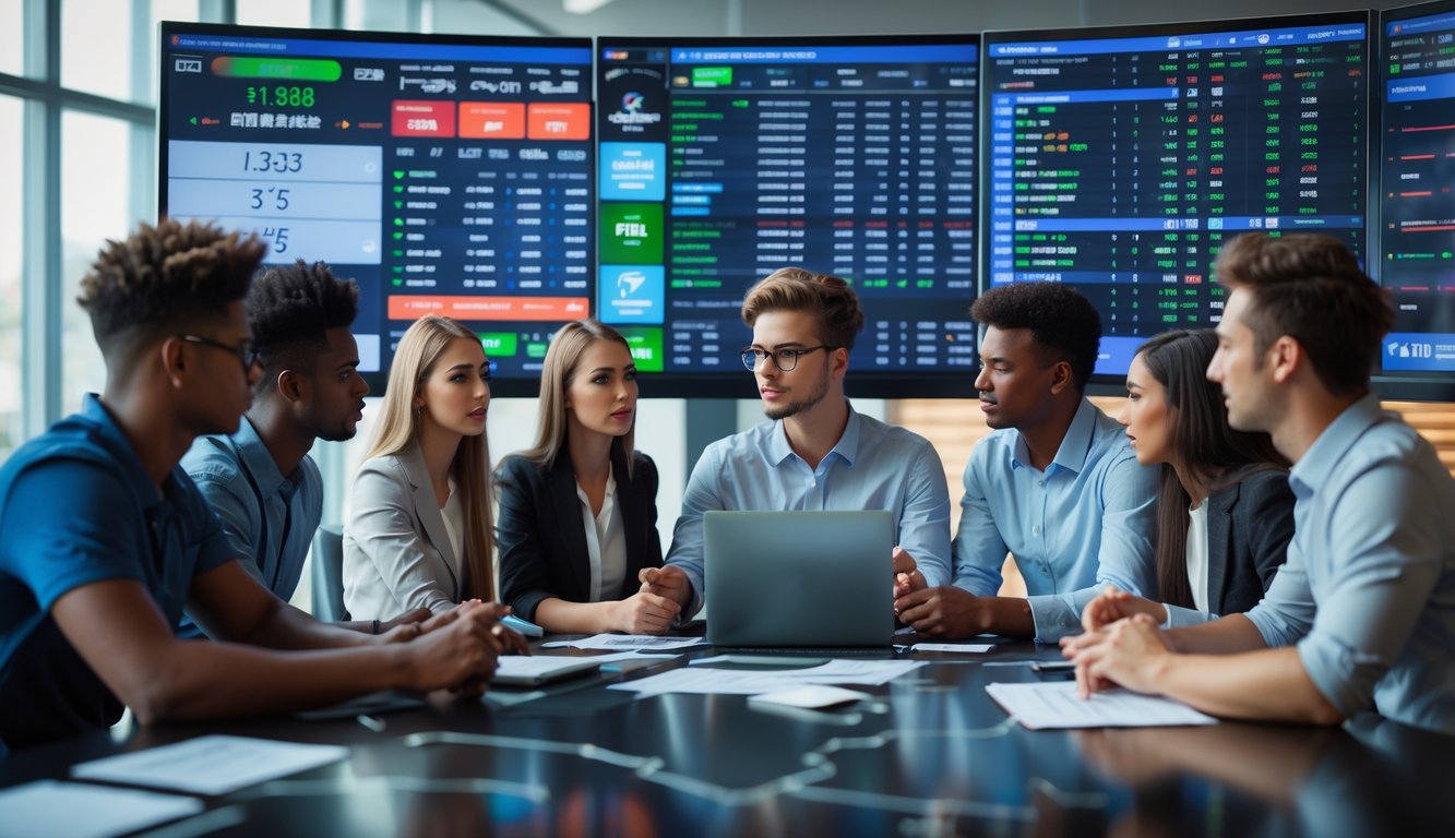 Sekelompok orang muda sedang berdiskusi di depan layar besar yang menampilkan data taruhan olahraga dan informasi pembayaran online.