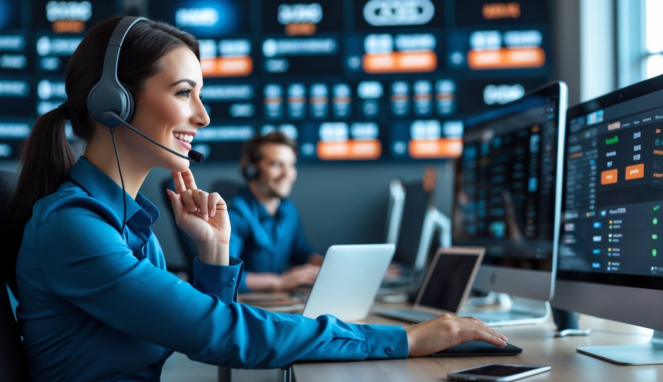 Seorang petugas layanan pelanggan sedang menggunakan headset dan tersenyum di depan komputer dengan layar menampilkan informasi taruhan olahraga.