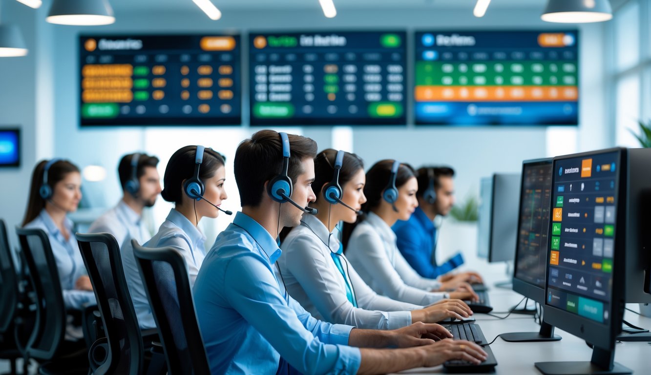 Tim layanan pelanggan yang sedang bekerja di pusat layanan dengan komputer dan layar menampilkan pertandingan olahraga.