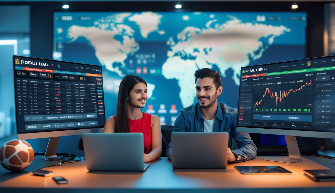 Dua orang dewasa menggunakan komputer dan ponsel dengan layar menampilkan statistik pertandingan sepak bola di latar belakang peta dunia dan bola sepak.