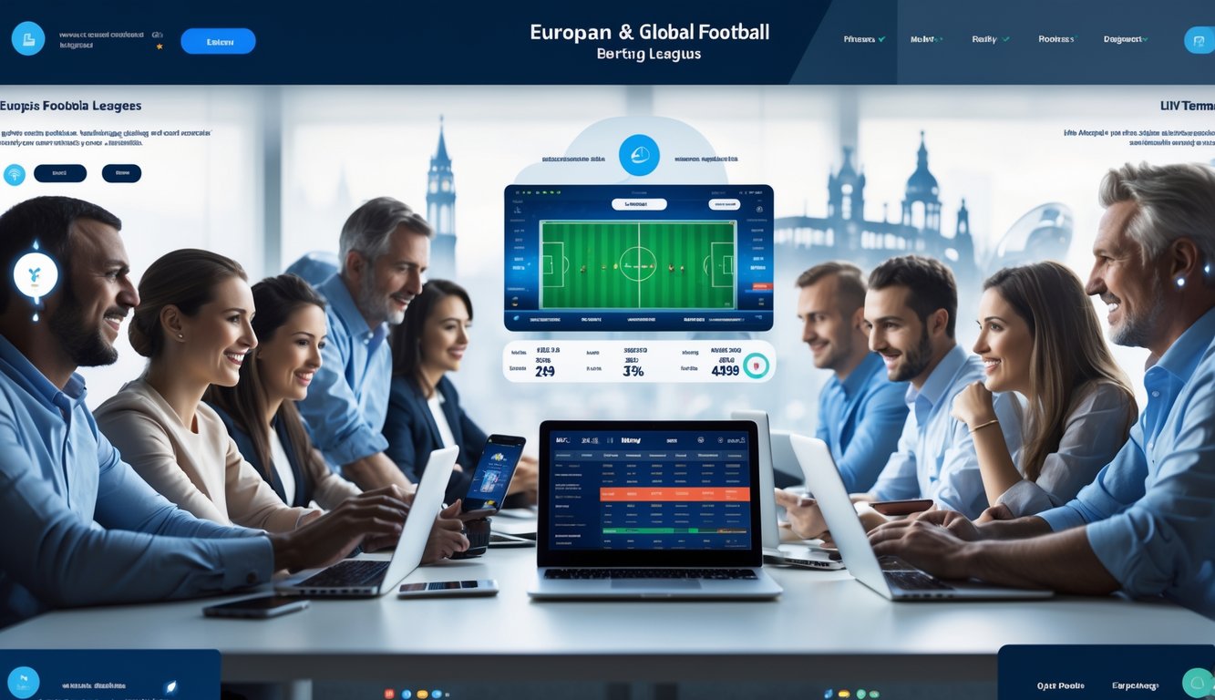 Beberapa orang sedang menggunakan perangkat digital untuk memasang taruhan pada pertandingan sepak bola liga Eropa dan dunia dalam suasana yang profesional dan modern.