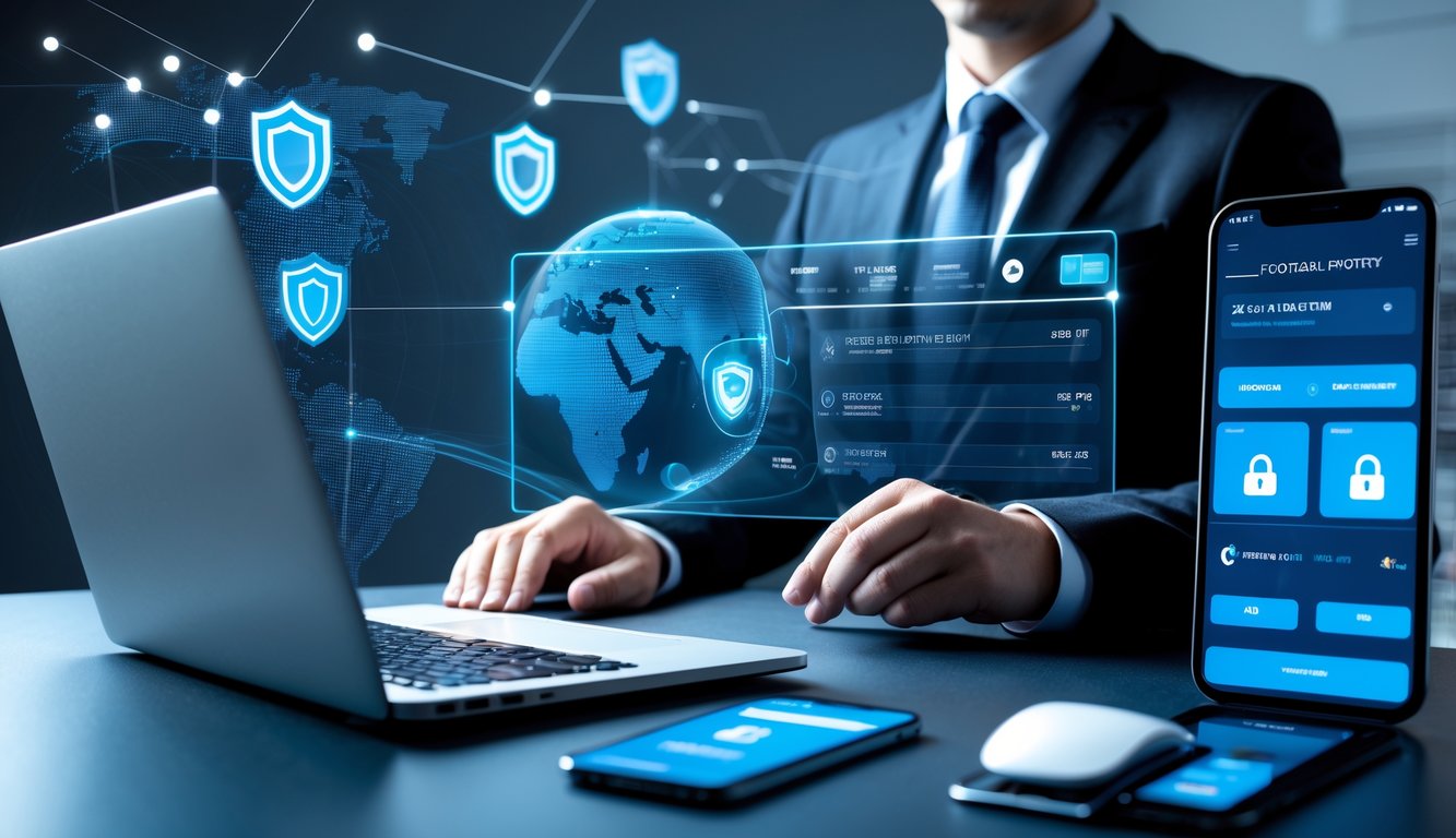 Seorang profesional duduk di meja dengan perangkat digital menampilkan antarmuka taruhan bola dan ikon keamanan pembayaran online.