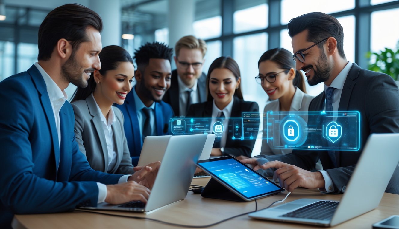 Sekelompok profesional bisnis sedang bekerja bersama di kantor modern dengan perangkat digital, memperlihatkan suasana kepercayaan dan keamanan.