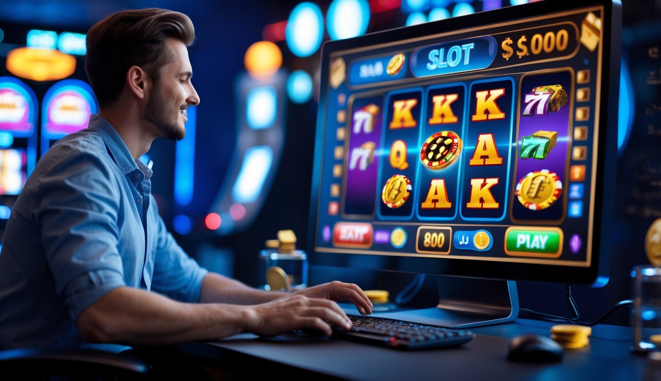 Seseorang menggunakan komputer dengan tampilan permainan slot online dan simbol jackpot di layar.